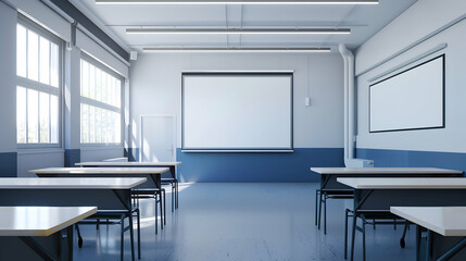 Poster - Modern classroom interior with empty desks, projector screen, and bright natural lighting