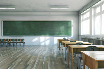 Poster - Bright, empty classroom with wooden desks and chairs, chalkboard, and natural light streaming in