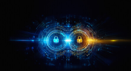 Poster - two glowing padlocks, one blue and one gold, are encircled by digital, radiating lines on a dark bac