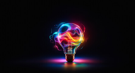 Aufkleber - a vibrant light bulb glows with colorful energy against a stark black backdrop. illuminated filament