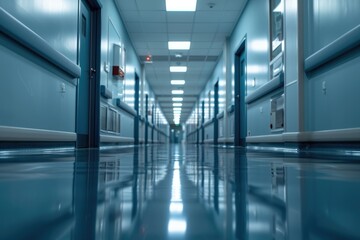 Poster - A long, empty hospital corridor with polished floors reflecting the lights, creating a sterile and somewhat eerie atmosphere.