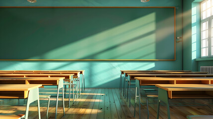 Poster - Bright classroom interior with wooden desks, sunlight casting shadows on green walls