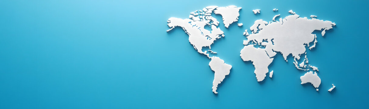 3D world map on a blue background banner with copy space, minimal design