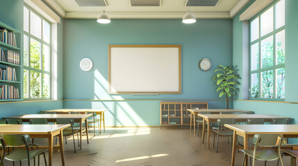 Poster - Bright and inviting classroom with empty desks, green plants, and natural light streaming in