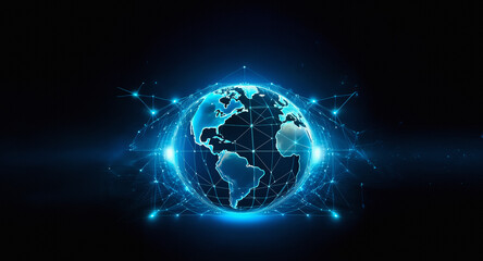 Poster - Glowing blue globe with network lines on a dark background. Represents global connection, technology, and digital communication.