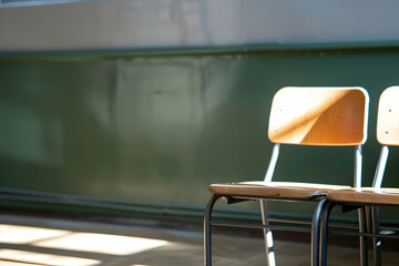 Poster - Two wooden chairs positioned in a sunlit classroom with a green wall in the background