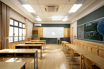 Poster - Bright and spacious classroom with desks and a chalkboard, showcasing educational tools and resources