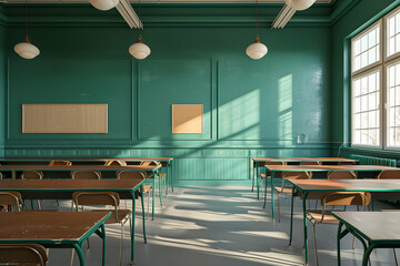 Poster - Brightly lit classroom with green walls and wooden desks, showcasing a peaceful learning environment
