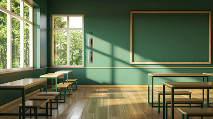 Poster - Bright and airy classroom with wooden furniture, large windows, and green walls, showcasing nature outside