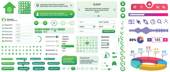 Fototapete - A set of UI components for mobile apps and websites. Includes buttons, panels, menus, sliders, and charts. Modern design for easy interaction, data management, and automation.