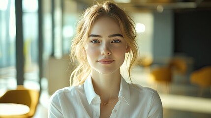 Wall Mural - Serious young businesswoman posing in an open office space, smiling at the camera in a professional manner