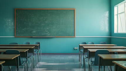 Poster - Bright and inviting classroom with empty desks, chalkboard, and sunlight streaming through windows