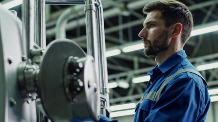 Aufkleber - Professional engineer in uniform carefully monitors and operates complex machinery in a modern industrial factory, ensuring smooth production processes
