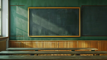 Poster - Bright classroom with wooden benches and chalkboard, sunlight streaming through windows