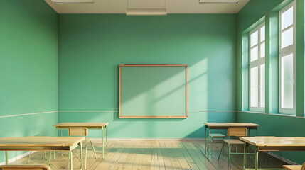 Poster - Bright, empty classroom with green walls, wooden floor, and natural light streaming in