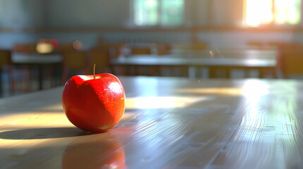 Poster - Red apple placed on a wooden table in a sunlit classroom with empty chairs in background