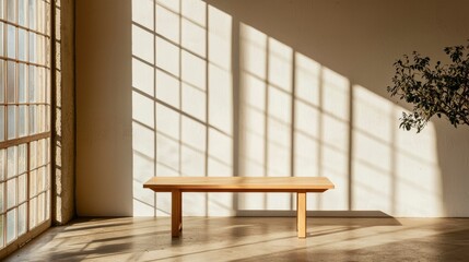 Wall Mural - Wooden table in sunlit room with window shadows and plant