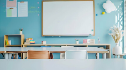 Poster - Bright and inviting classroom setup with desks, chalkboard, and decorative elements in background