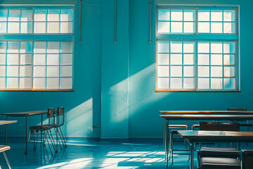 Poster - Bright and serene classroom with turquoise walls and sunlight streaming through windows