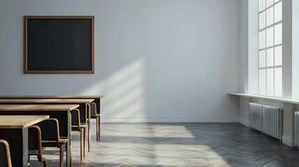 Poster - Modern classroom interior featuring empty desks, a chalkboard, and sunlight streaming in