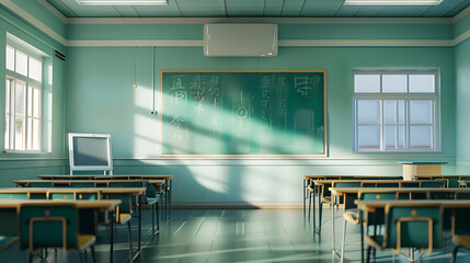 Poster - Bright and airy classroom with empty desks, chalkboard filled with notes, and sunlight streaming in