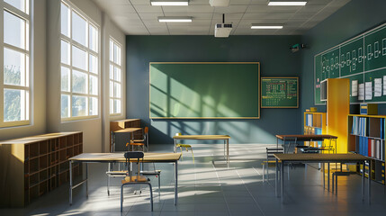 Poster - Bright and spacious classroom with sunlight streaming through windows, empty desks arranged neatly