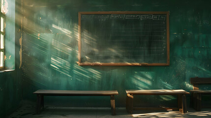 Poster - Sunlight streaming through classroom windows, illuminating empty benches and chalkboard