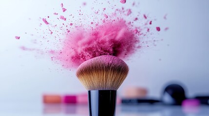 Poster - Makeup brush is covered in pink powder, creating a dramatic and eye-catching effect. Concept of creativity and playfulness, as the makeup brush is transformed into a unique