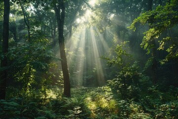 Wall Mural - sunbeams pierce a lush, misty forest, illuminating the verdant undergrowth and ancient trees.