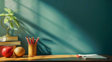 Poster - Cozy study corner with books, apples, and pencils, illuminated by soft sunlight