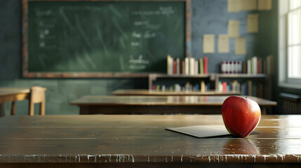 Poster - A bright red apple resting on a wooden desk in a classroom with a chalkboard and bookshelves