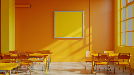 Poster - Brightly colored classroom with orange walls and yellow artwork, sunlight streaming through windows