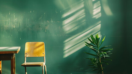 Poster - A serene classroom corner with a wooden chair, table, green wall, and sunlight casting shadows