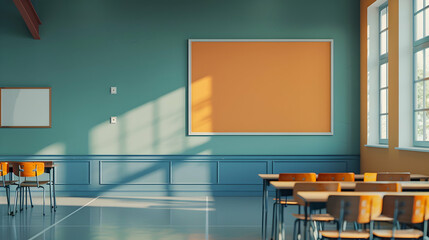 Poster - Bright and modern classroom interior with empty desks and colorful bulletin board
