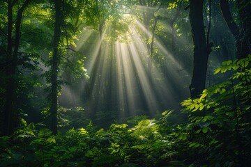 Wall Mural - sunbeams pierce a misty green forest, illuminating lush foliage and ancient trees.