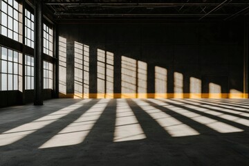 Wall Mural - Empty industrial warehouse interior with sunlight shadows