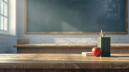 Poster - A serene classroom scene with wooden desks, an apple, books, and stationery, softly lit by sunlight