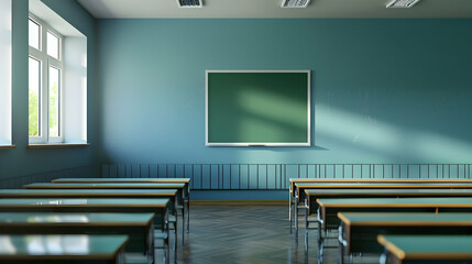 Poster - Bright and spacious classroom with green chalkboard and empty desks, sunlight streaming through windows