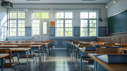 Poster - Bright and spacious classroom with wooden desks, large windows, and chalkboard in background