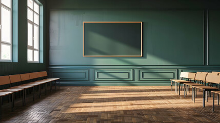 Poster - Spacious interior of a classroom with wooden chairs and a blank frame on the wall