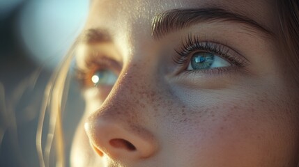 Aufkleber - A close-up shot of a woman's face with distinctive freckles