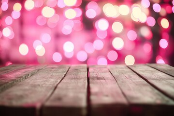 Poster - A wooden table with pink lights in the background, suitable for home decor or party decoration