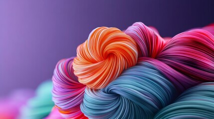 Poster - Colorful ball of yarn with a purple background. The yarn is a mix of colors including orange, blue, and green. Concept of creativity and playfulness, as the yarn is often associated with knitting