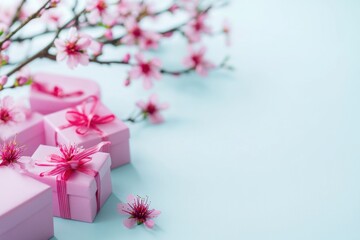 Poster - A pink gift box decorated with pink flowers on a blue background