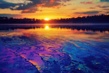 Wall Mural - Frozen lake scenery at sunset with calm water and surrounding trees