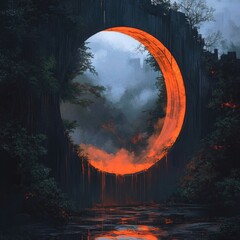 Poster - A vibrant orange circle stands out in a dense forest landscape