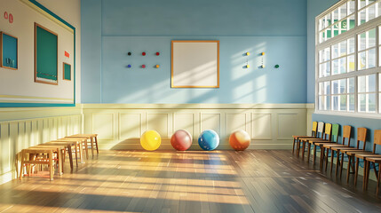 Poster - Bright and colorful classroom interior with empty chairs and playful balls under sunlight
