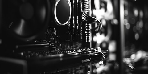 Poster - a close-up shot of a black and white computer motherboard with various components
