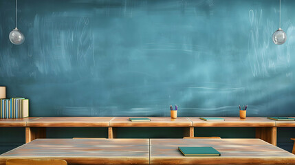 Poster - Bright classroom interior with wooden desks, chalkboard, and organized stationery on shelves