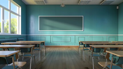 Poster - Bright, empty classroom with wooden desks and chairs, chalkboard, and sunlight streaming in